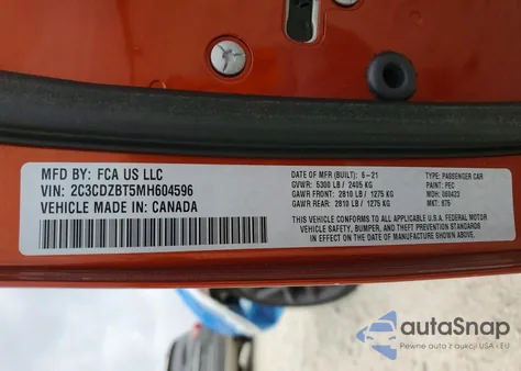 2021 Dodge Challenger R/T z USA, uszkodzony, nr VIN 2C3CDZBT5MH604596